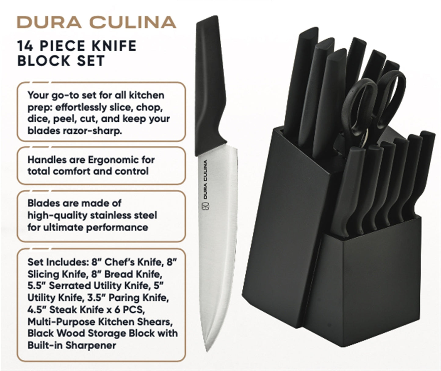 14-Piece Knife Block Set - High Carbon Stainless Steel With Ergonomic Handles