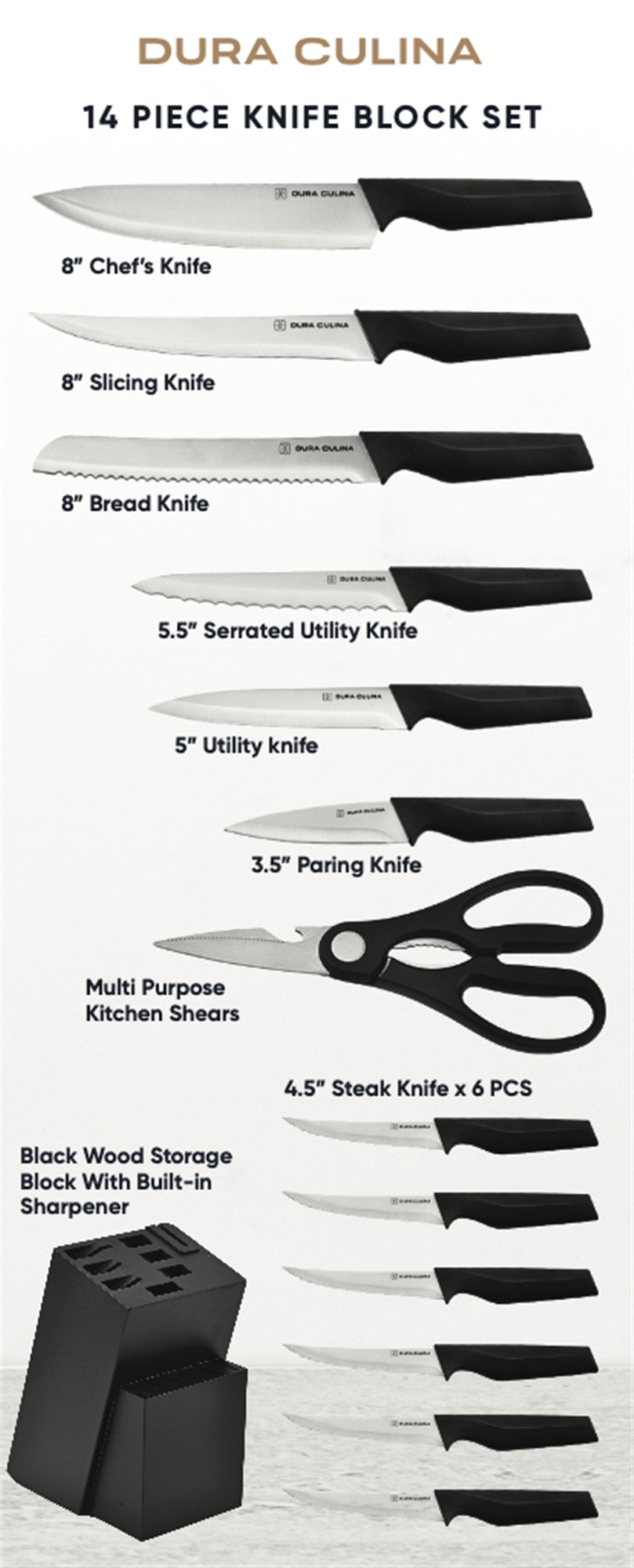 14-Piece Knife Block Set - High Carbon Stainless Steel With Ergonomic Handles