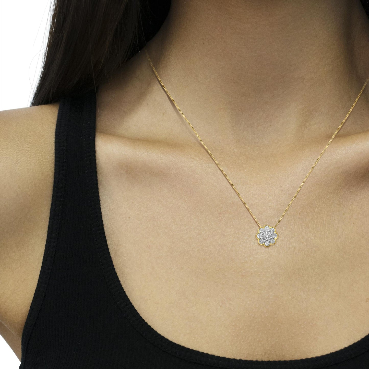 10K Yellow Gold Plated Diamond Cluster Pendant Necklace