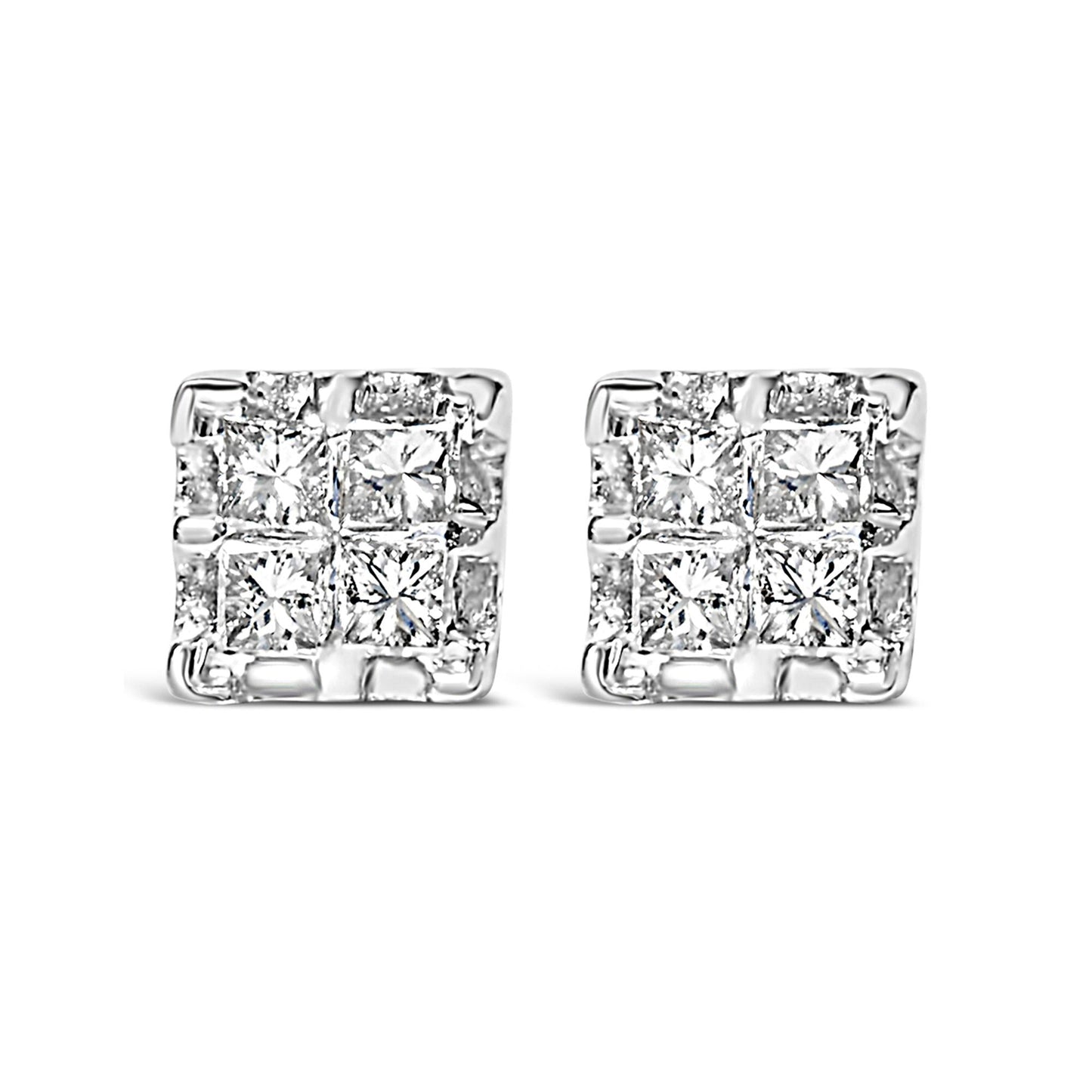 10k Yellow Gold Princess Diamond Quad Stud Earrings