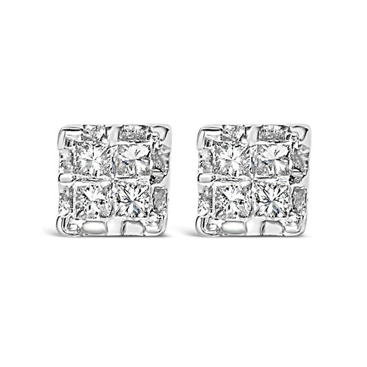 10k Yellow Gold Princess Diamond Quad Stud Earrings