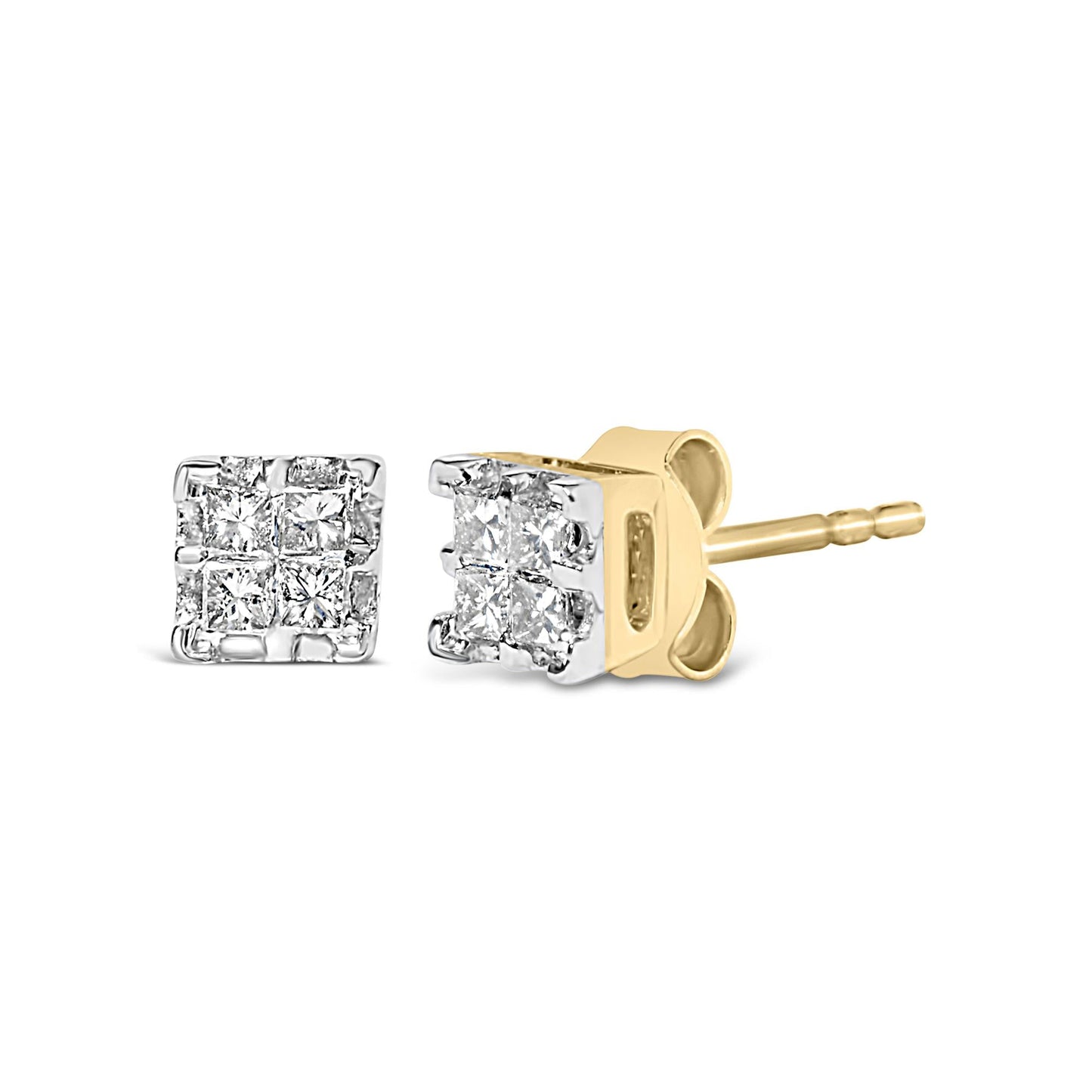 10k Yellow Gold Princess Diamond Quad Stud Earrings