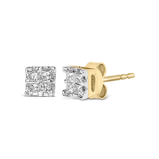 10k Yellow Gold Princess Diamond Quad Stud Earrings