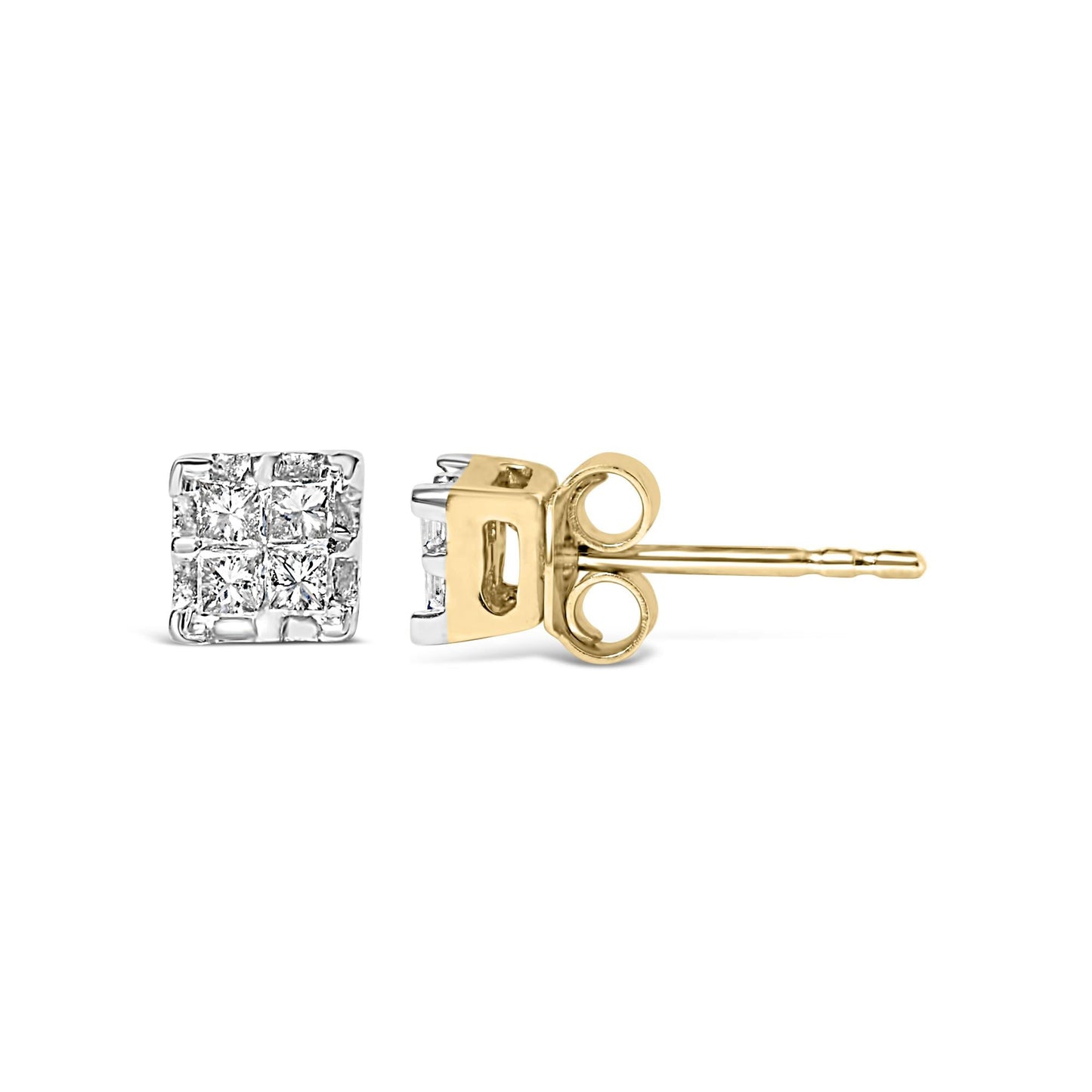 10k Yellow Gold Princess Diamond Quad Stud Earrings